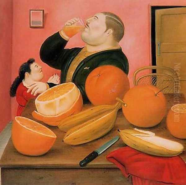 Man Drinking Orange Juice Oil Painting by Fernando Botero