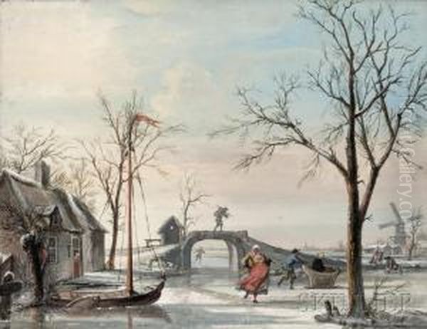 Skaters On A Frozen Canal Oil Painting by Cornelis Troost