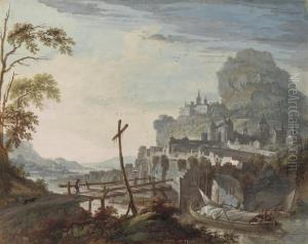 A Rocky River Landscape With Fortified Towns Oil Painting by Willem Troost