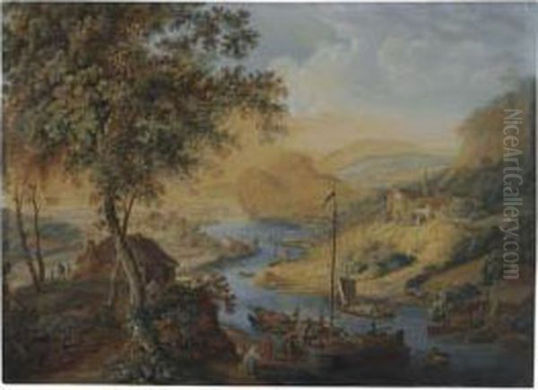 An Imaginary Rhine Landscape With Boats, Fishermen And A Castle Ona Hill Oil Painting by Willem Troost