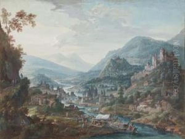 A Rhine Landscape With A Town On The River And Merchants Loadingcargo On Boats Oil Painting by Willem Troost