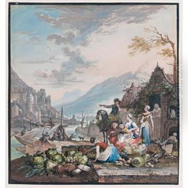 A Market Scene With Figures By A Quayside And A Mountainous River Landscape Behind Oil Painting by Willem Troost