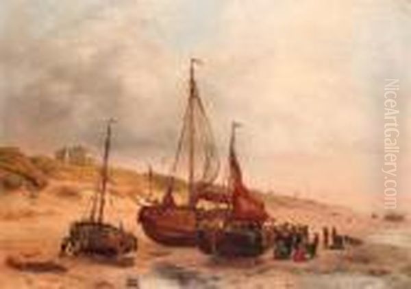 Numerous Fisherfolk And A Fishing Fleet Near Paviljoen Von Wied,scheveningen In The Distance Oil Painting by Willem Troost