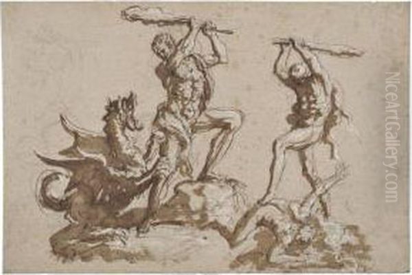 Hercules Fighting A Dragon, With Another Study Of Herculesslaying Cacus by Girolamo Troppa