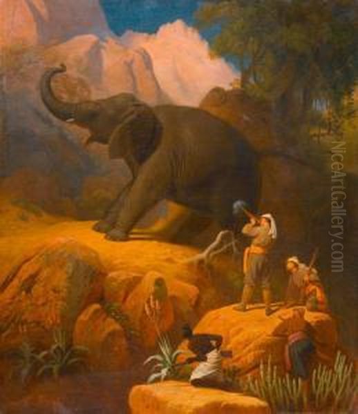 Duke Ernst Von Sachsen-coburg-gotha Hunting Elephants. Oil Painting by Carl Trost