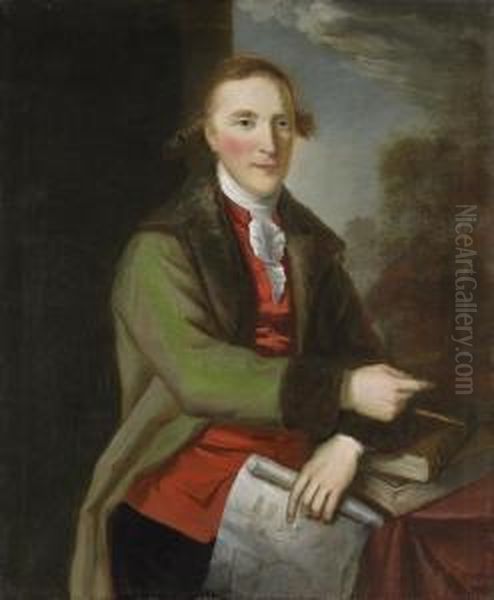 Portrait Of Robert Mack, Three-quarter-length, In A Fur-trimmedgreen Coat, Holding Architectural Plans, With A Landscapebeyond Oil Painting by John Trotter