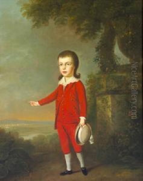 Little Boy In A Red Suit Pointing Towards A Tent Encampment Of Militia Oil Painting by John Trotter