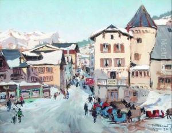 La Grand Place A Megeve Oil Painting by Henri Georges Troussard