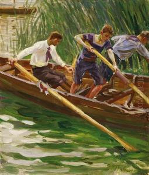 Drei Jungen Imruderboot Oil Painting by Wilhelm Trubner