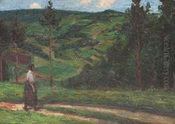 Hugelige Landschaft Mit Bauerin Auf Feldweg Oil Painting by Wilhelm Trubner