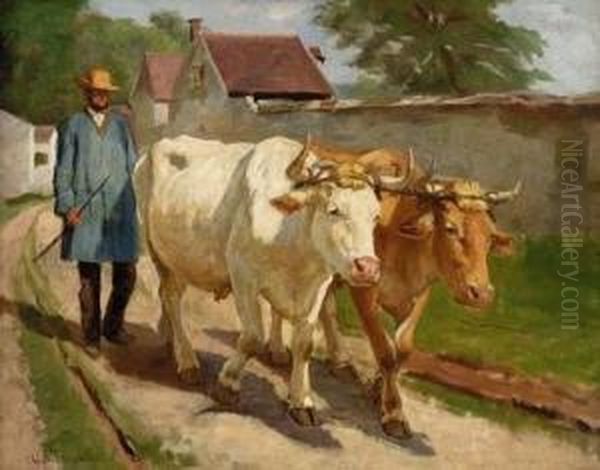 Farmer With Cattle Oil Painting by Gaylord Sangston Truesdell