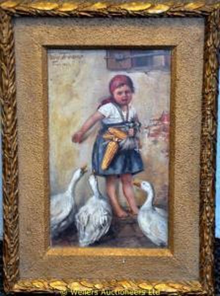 Portrait Of An Unhappy Girl Carrying Sweetcorn Being Surround By Geese Oil Painting by Fauy Trumer