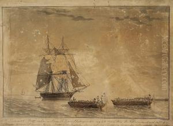 Three Handcoloured Aquatints With Naval Battle Scenes Oil Painting by Niels Truslew