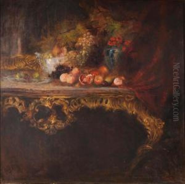 Natura Morta Di Frutta E Fiori Sopra Una Console Oil Painting by Giacinto Trussardi