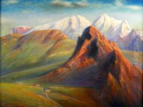 Passo Pordoi Con Baite, Sullo Sfondo Piz,vernel, Ghiacciaio Della Marmolada E Gruppo Sella - Dolomiti Oil Painting by Giacinto Trussardi