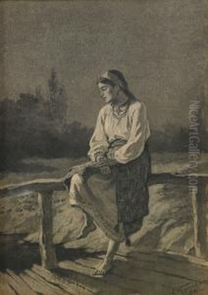 Ukrainian Girl In The Light Of The Moon Oil Painting by Konstantin Aleksandrovich Trutovskii