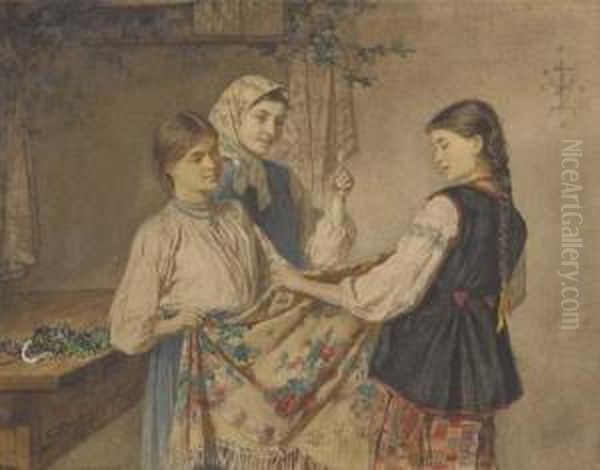 Three Young Ukranian Peasant Girls Oil Painting by Konstantin Aleksandrovich Trutovskii