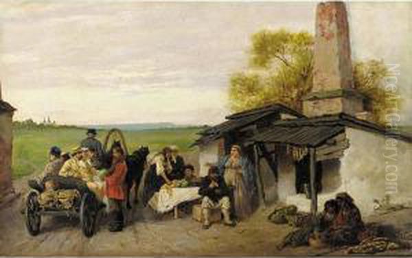 City Travellers Being Offered Fruit At A Ukrainian Roadside Dwelling Oil Painting by Konstantin Aleksandrovich Trutovskii