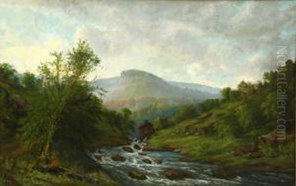 Mountainous River Landscape With Mill Oil Painting by Benjamin Franklin Tryon