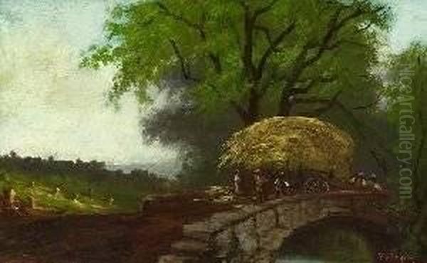 Benjamin Franklin Tryon . Men With Haycart On A Bridge Oil Painting by Benjamin Franklin Tryon