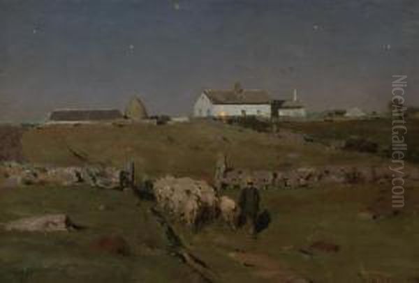 A Moonlight Night Oil Painting by Dwight William Tryon