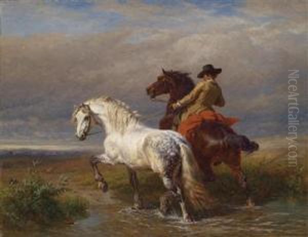 Horseman With Grey By The Ford Oil Painting by Charles Philogene Tschaggeny