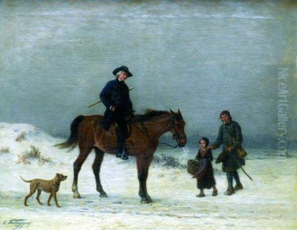 Scene De Genre Hivernale. Oil Painting by Charles Philogene Tschaggeny