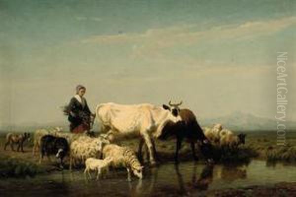 A Herder Watering Her Livestock Oil Painting by Edmond Jean Baptiste Tschaggeny