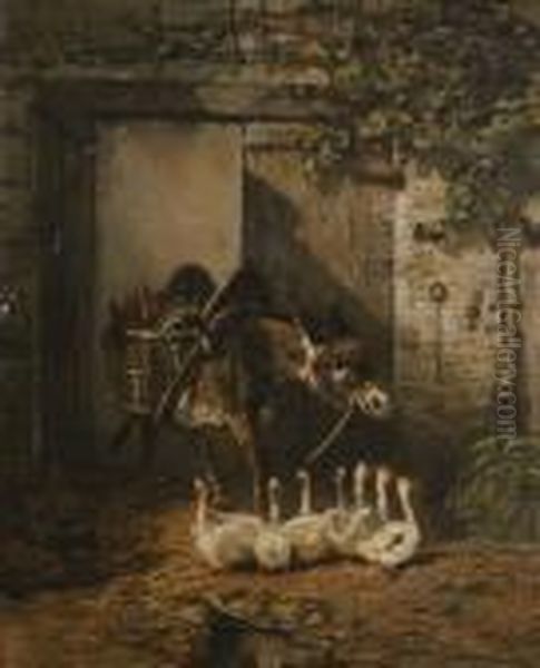 Barnyard With A Donkey And Geese Oil Painting by Edmond Jean Baptiste Tschaggeny