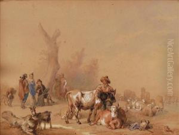 Figures Withcattle, 
Sheep And A Goat Oil Painting by Edmond Jean Baptiste Tschaggeny