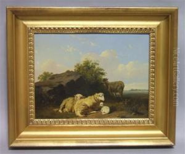 Lamb And Goat Resting Oil Painting by Edmond Jean Baptiste Tschaggeny