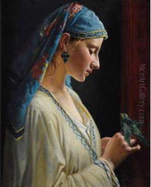 Jeune Femme A La Perruche Oil Painting by Frederic Tschaggeny