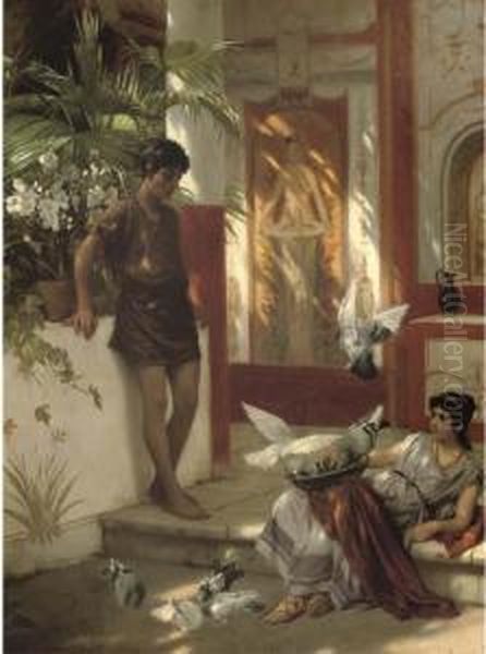 Feeding The Doves In An Atrium Oil Painting by Albert Tschautsch