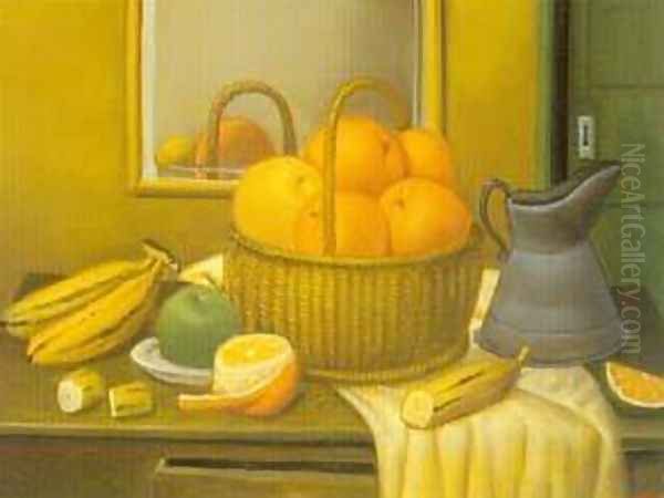 Still Life With Fruit Basket 1996 Oil Painting by Fernando Botero