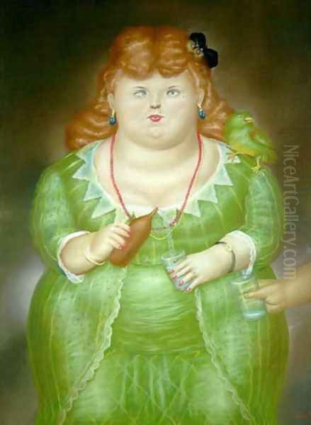 Woman With Bird Oil Painting by Fernando Botero