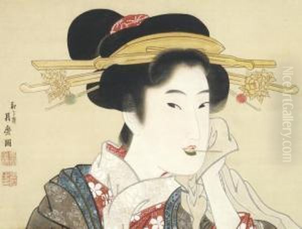 Courtesan Oil Painting by Kitagawa Tsukimaro