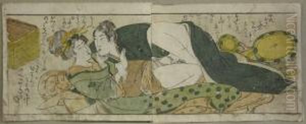 Shunga-doppelblatt. Kurtisane Und Trommelspieler. Japan Oil Painting by Kitagawa Tsukimaro