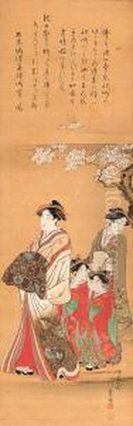 Courtesan And Attendants Parading Under Cherry Blossoms Oil Painting by Kitagawa Tsukimaro