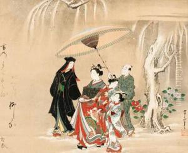 A Courtesan Procession In The Snow Oil Painting by Kawamata Tsunemasa