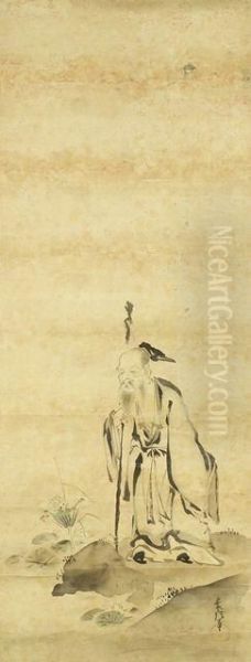 Der Sennin Shu Moshiku Neben Lotusteich Oil Painting by Kano Tsunenobu