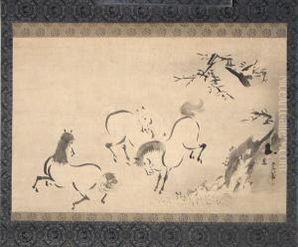 Horses Oil Painting by Kano Tsunenobu