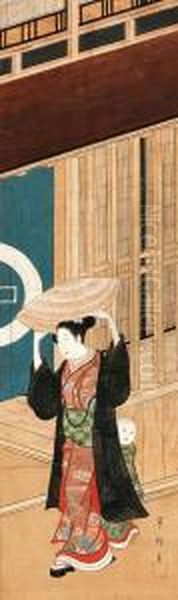 Male Prostitute In Front Of A Kagema Teahouse Oil Painting by Kawamata Tsuneyuki