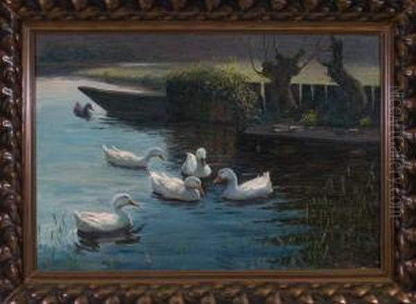 Sechs Enten Im Teich Voreinem Steg Mit Einem Kleinen Kahn Oil Painting by Paul Wilhelm Tubbecke