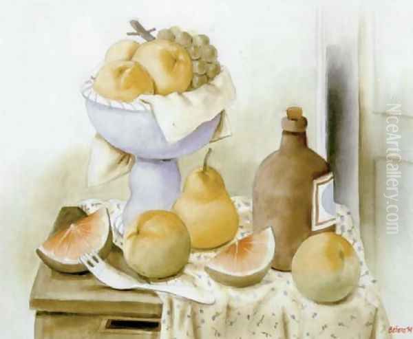 Still Life With Fruits And Bottle Oil Painting by Fernando Botero