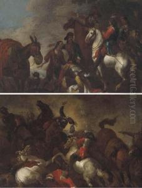 A Cavalry Skirmish; And Cavalrymen After A Battle Oil Painting by Giovanni Tuccari