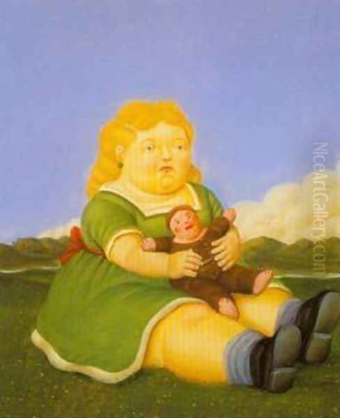 Girl With Puppet 1996 Oil Painting by Fernando Botero