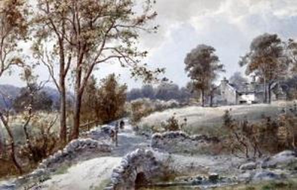 Near Windermere, Figures By A Stone Bridge And Stream Before A Cottage Oil Painting by Edward Tucker