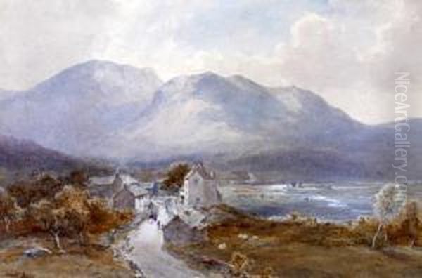 'near Windermere', A Village In A Mountain Lake Landscape Oil Painting by Edward Tucker