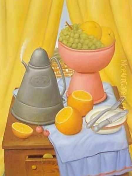 Still Life With Coffee Pot 1985 Oil Painting by Fernando Botero