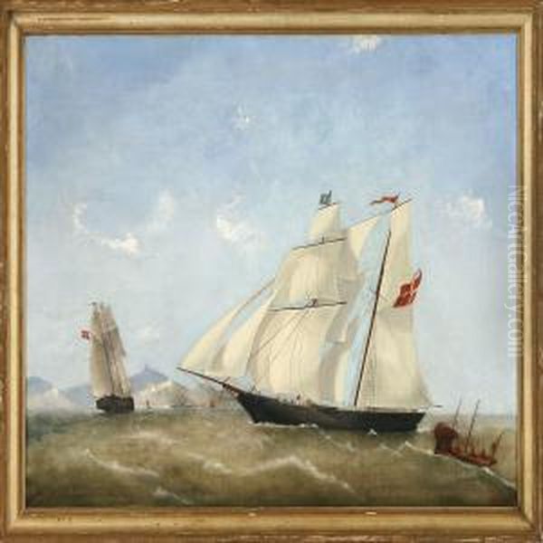 The Schooner Brigfanny In Fresh Wind Off A Rocky Coast Oil Painting by Frederick Tudgay